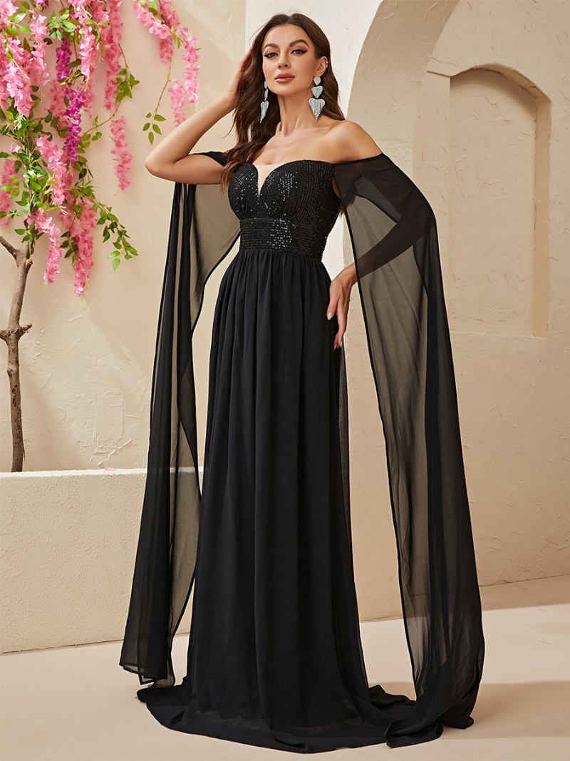 Vestido Feminino Lantejoulas Com Ombros Fora Cintura Império Vestidos Maxi Baile Em Preto - Preto