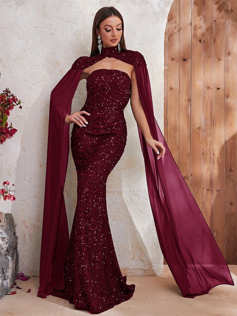 Vestido Feminino Lantejoulas Cor Vinho Mangas Curtas Gola Alta Vestidos Maxi Baile