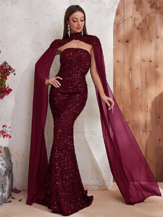 Vestido Feminino Lantejoulas Cor Vinho Mangas Curtas Gola Alta Vestidos Maxi Baile