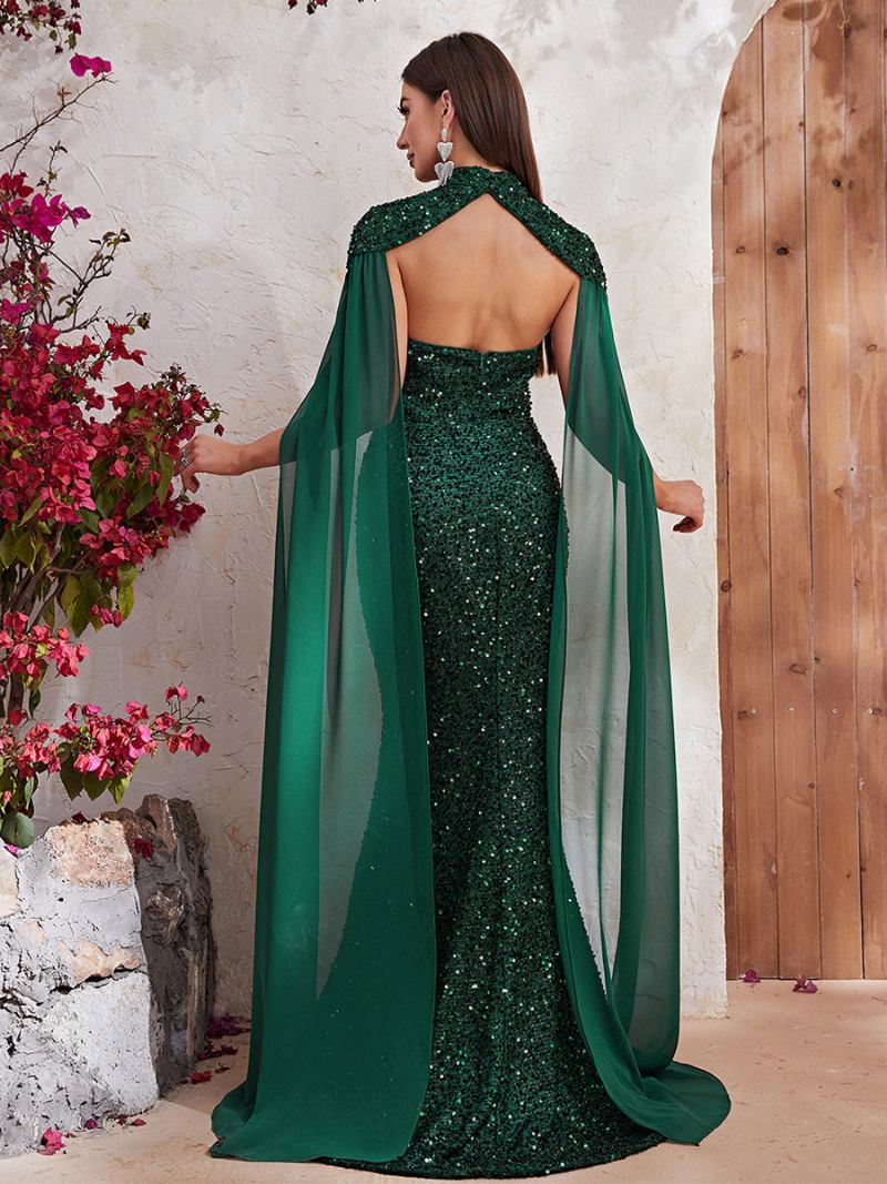 Vestido Feminino Lantejoulas Cor Vinho Mangas Curtas Gola Alta Vestidos Maxi Baile - Verde Escuro