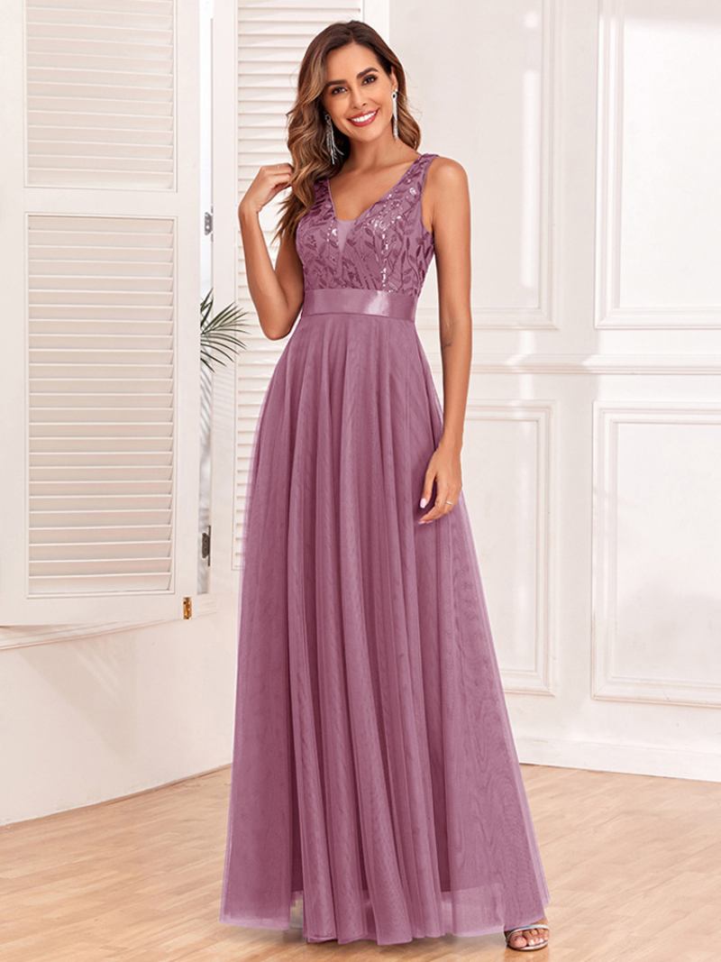 Vestido Feminino Lantejoulas Sem Mangas Cintura Império Evasê Elegante Vestidos Maxi Baile - Rosa Choque