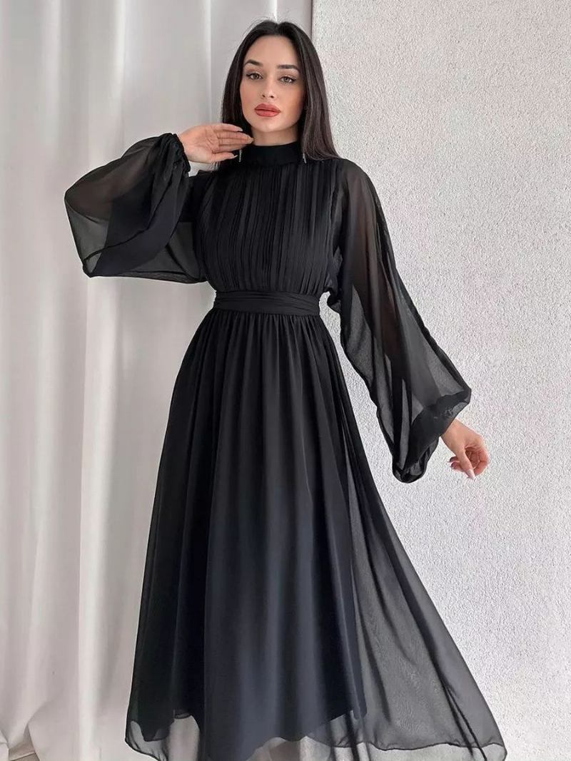 Vestido Feminino Marinho Escuro Plissado Mangas Compridas Vestidos Tule Cintura Império - Preto