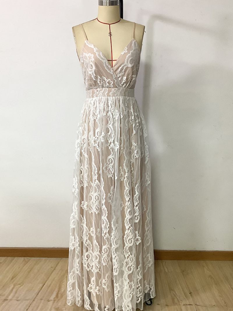 Vestido Feminino Renda Com Decote Em V Sem Costas Alças Finas Vestidos Maxi Elegantes Para O Dia - Bege