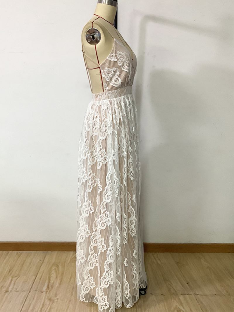 Vestido Feminino Renda Com Decote Em V Sem Costas Alças Finas Vestidos Maxi Elegantes Para O Dia - Bege