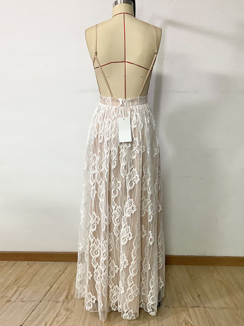 Vestido Feminino Renda Com Decote Em V Sem Costas Alças Finas Vestidos Maxi Elegantes Para O Dia - Bege