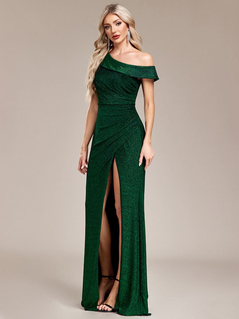 Vestido Feminino Um Ombro Com Lantejoulas E Fenda Alta Vestidos Maxi Baile - Verde