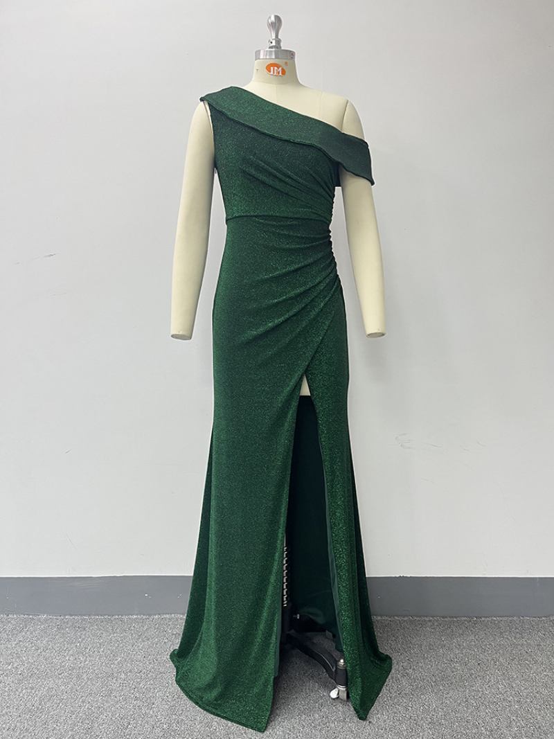 Vestido Feminino Um Ombro Com Lantejoulas E Fenda Alta Vestidos Maxi Baile - Verde