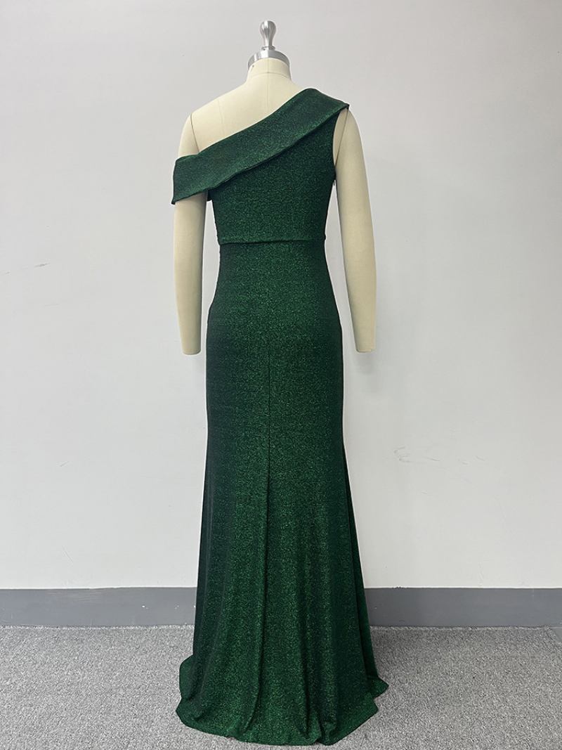 Vestido Feminino Um Ombro Com Lantejoulas E Fenda Alta Vestidos Maxi Baile - Verde