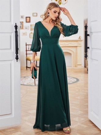 Vestido Feminino Verde Escuro Chiffon Meia Manga Cintura Império Vestidos Maxi Baile