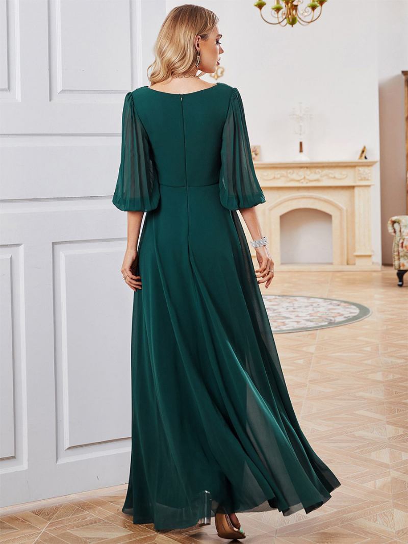 Vestido Feminino Verde Escuro Chiffon Meia Manga Cintura Império Vestidos Maxi Baile - Verde Escuro