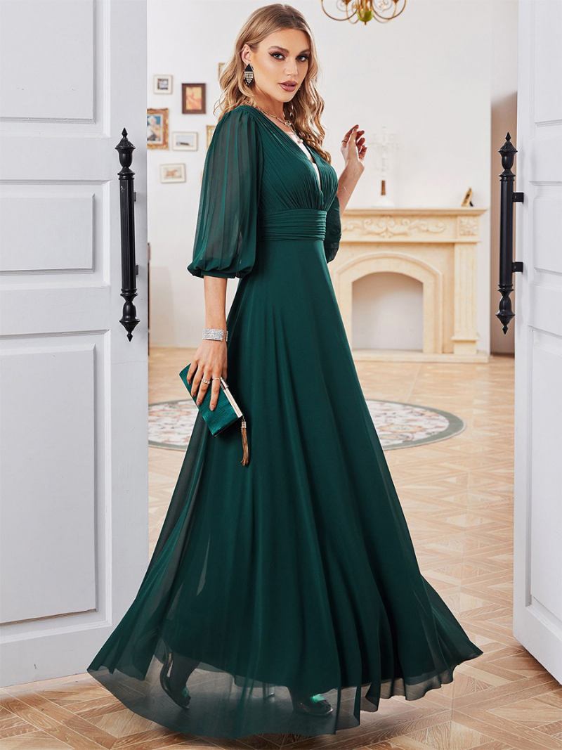 Vestido Feminino Verde Escuro Chiffon Meia Manga Cintura Império Vestidos Maxi Baile - Verde Escuro