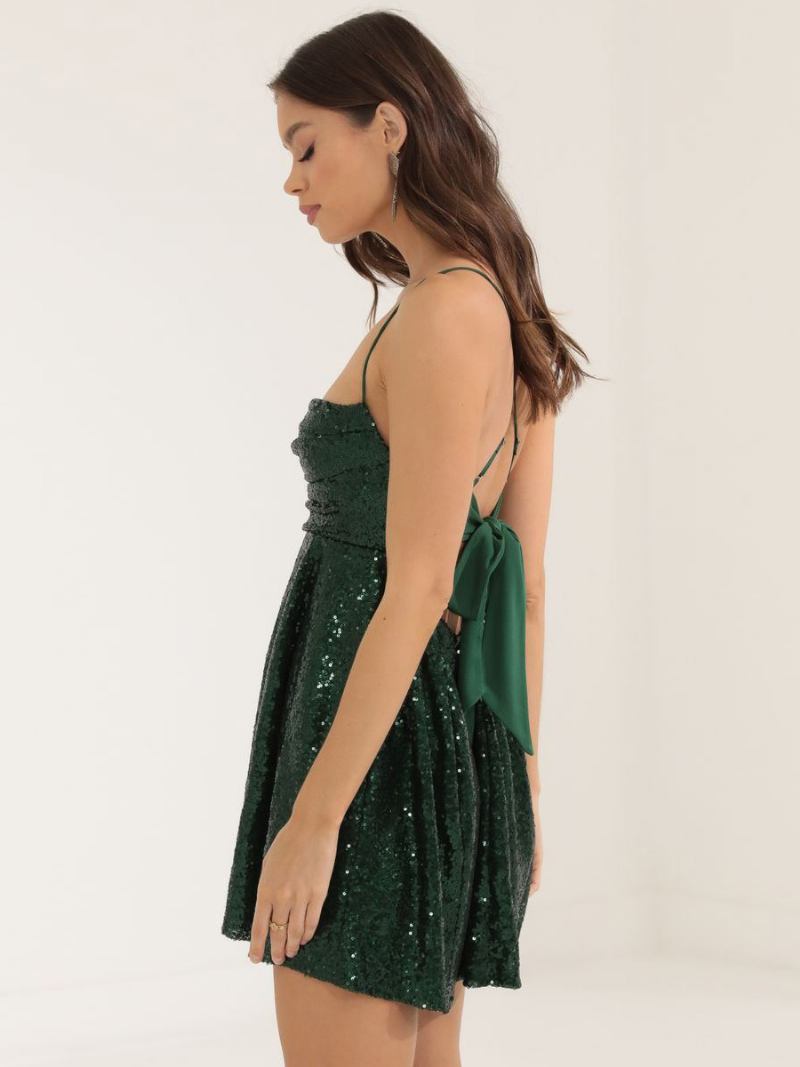 Vestido Festa Feminino Com Lantejoulas Alças Finas Plissado Costas Nuas Minivestidos - Verde Escuro