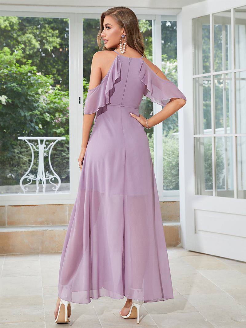 Vestido Longo Chiffon Feminino Com Decote Em V Ombro Frio Vestidos Maxi Sexy - Roxo