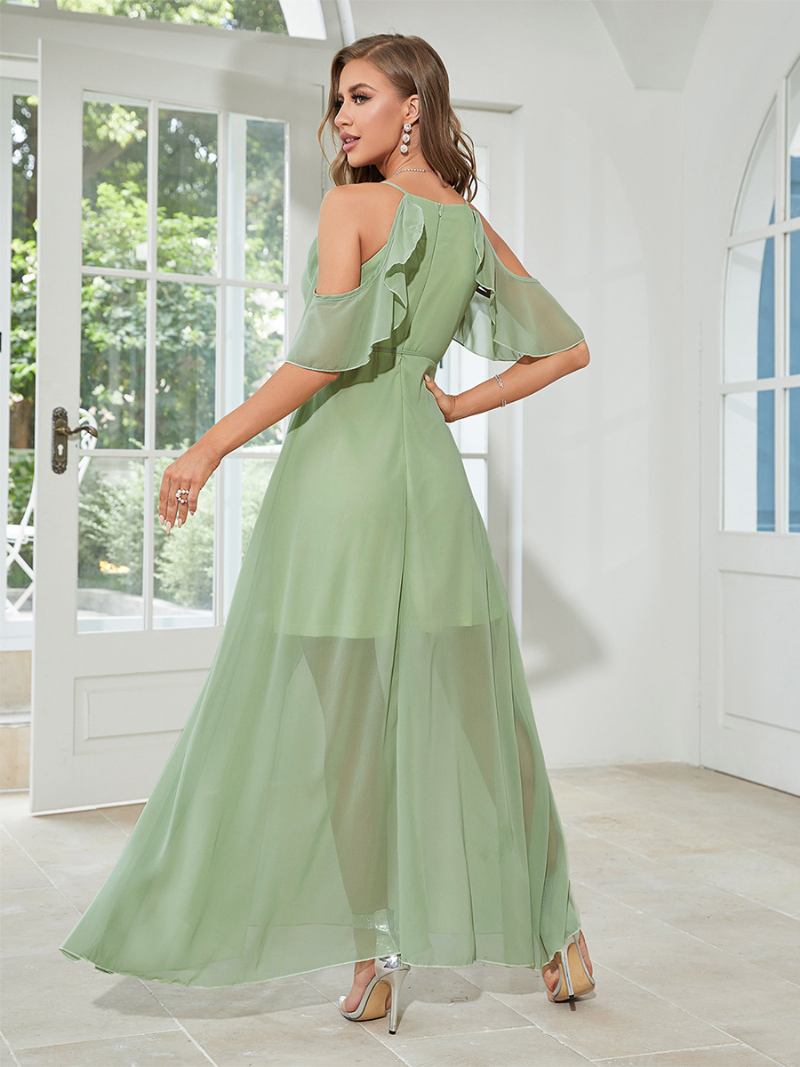 Vestido Longo Chiffon Feminino Com Decote Em V Ombro Frio Vestidos Maxi Sexy - Verde