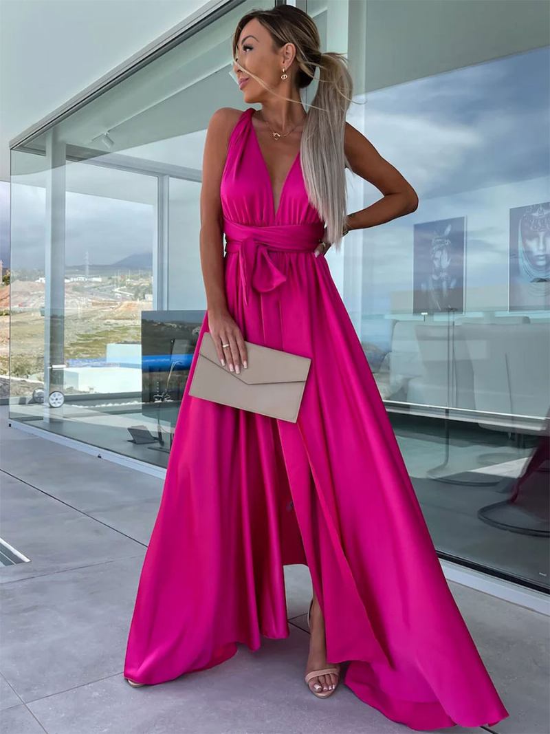 Vestido Maxi Cruzado Feminino Sem Mangas Cintura Império Vestidos Baile Com Fenda Alta - Rosa