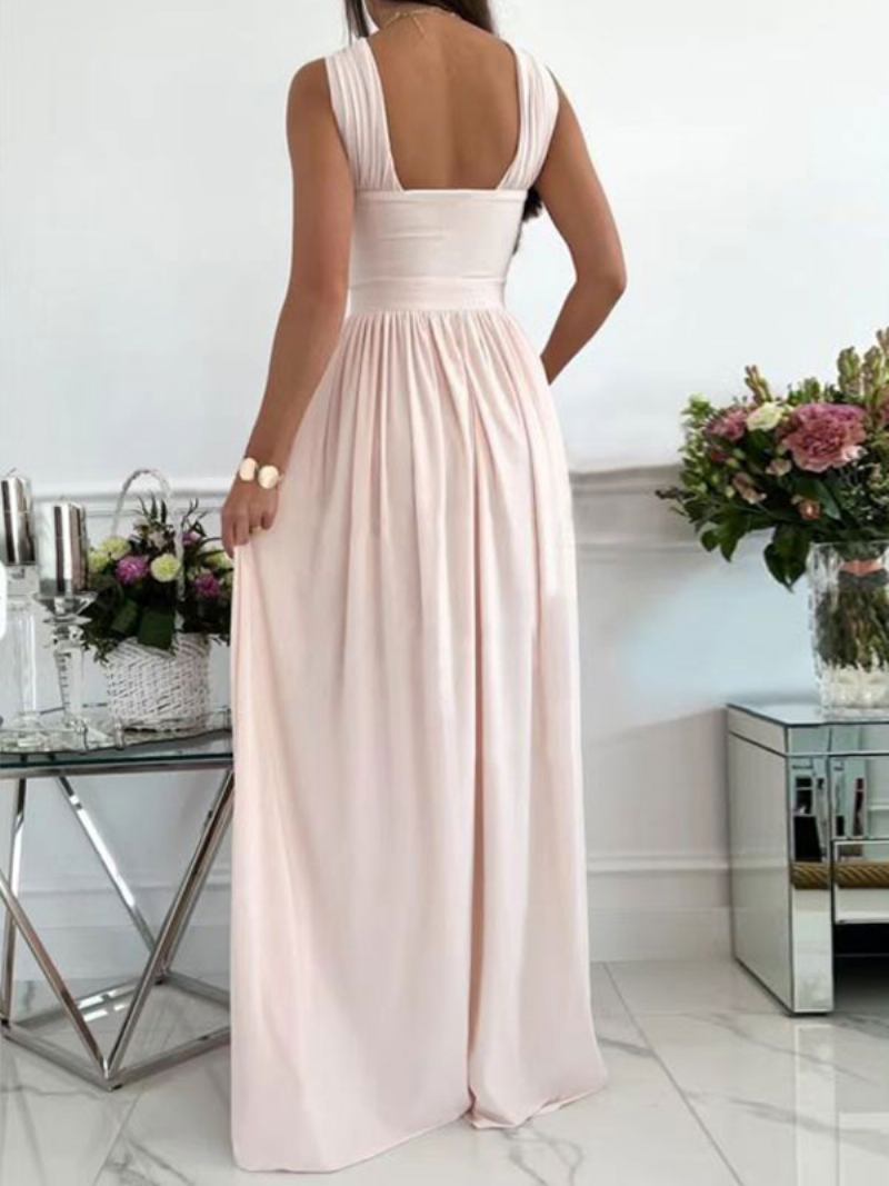 Vestido Maxi Cruzado Feminino Sem Mangas Costas Abertas Fenda Plissada Vestidos Baile - Rosa