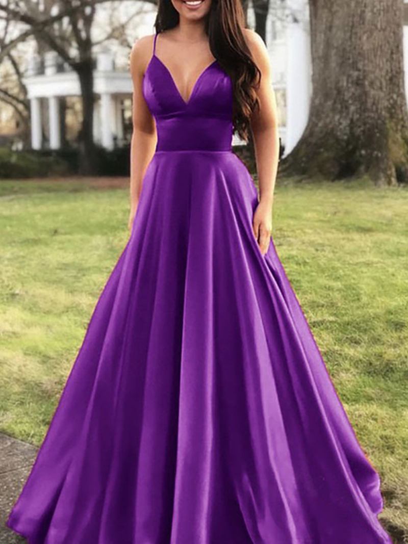 Vestido Maxi Elegante Feminino Com Alças Finas Decote Em V Cintura Império Vestidos Baile - Roxo