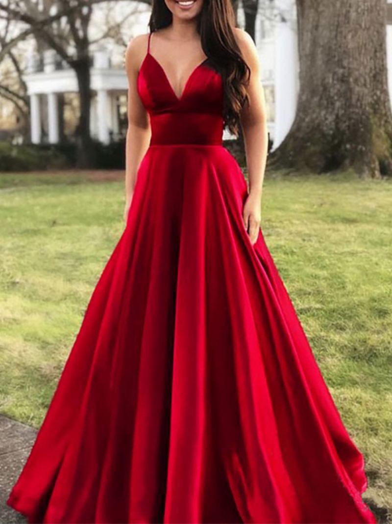 Vestido Maxi Elegante Feminino Com Alças Finas Decote Em V Cintura Império Vestidos Baile - Vermelho