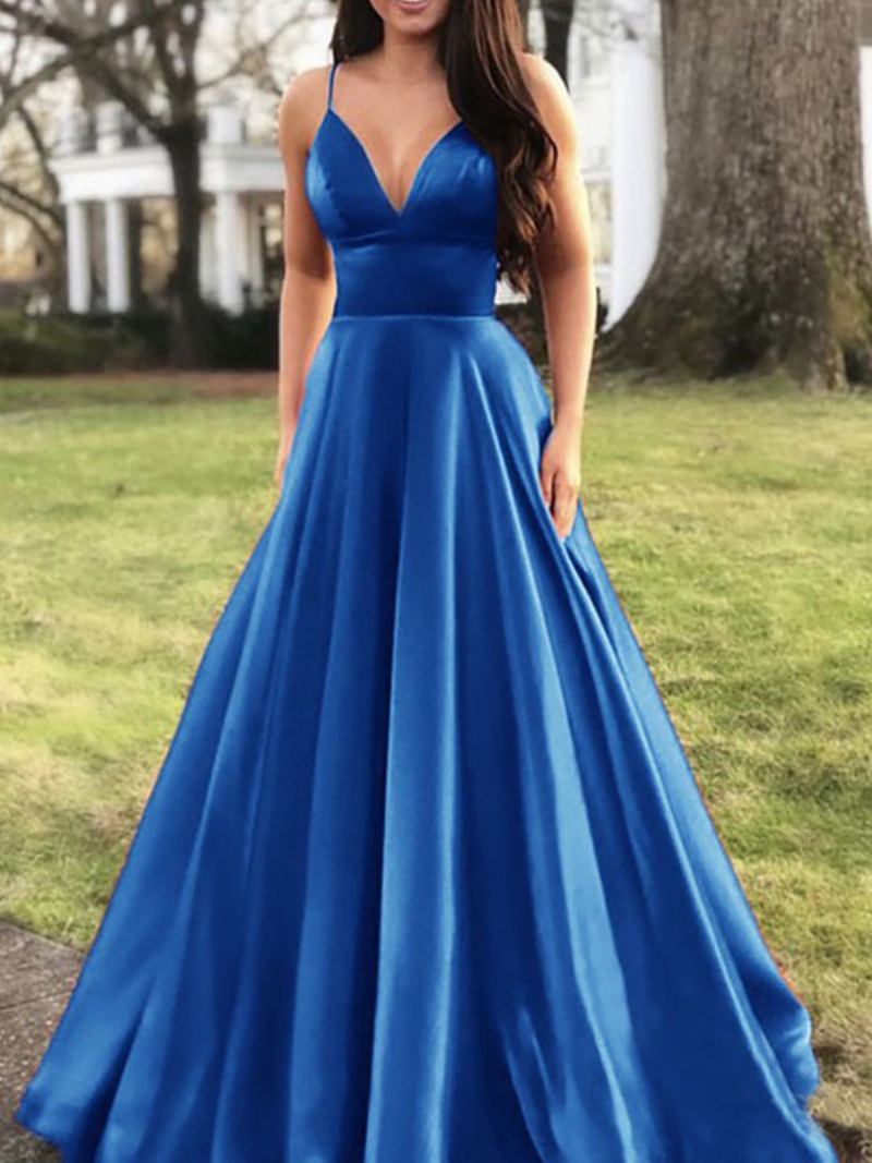 Vestido Maxi Elegante Feminino Com Alças Finas Decote Em V Cintura Império Vestidos Baile - Azul