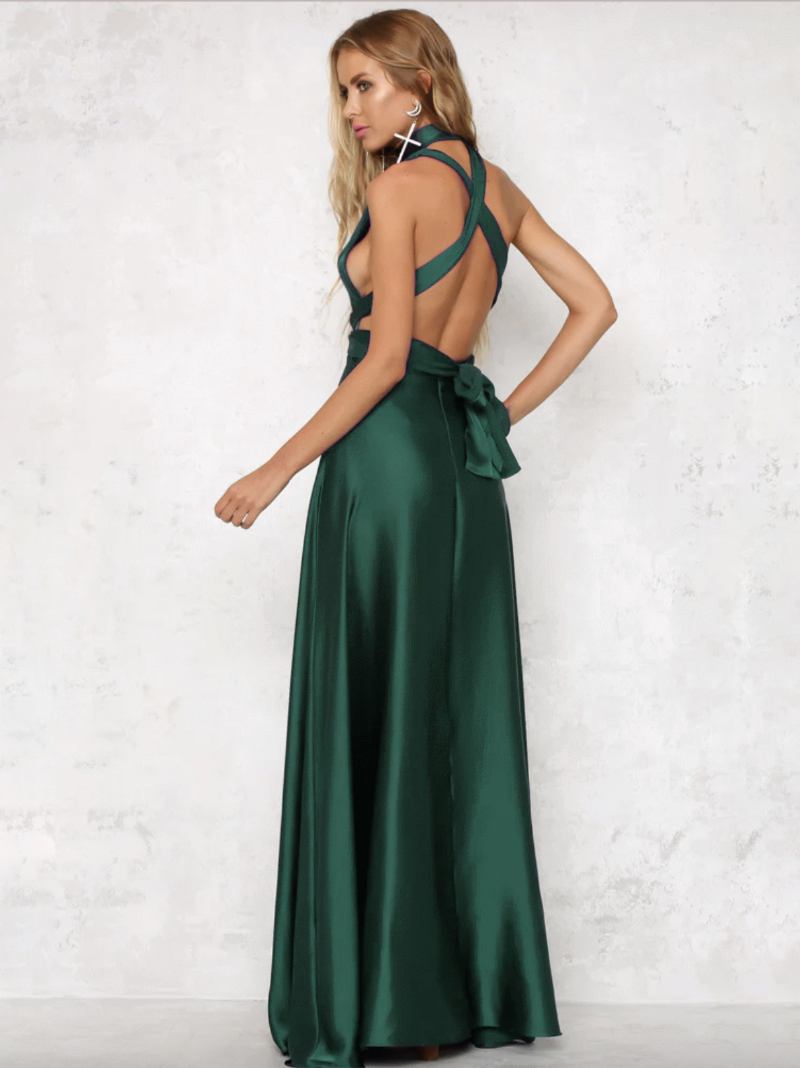 Vestido Maxi Feminino Aberto Nas Costas Halter Mergulho Cintura Cruzada Baile - Verde