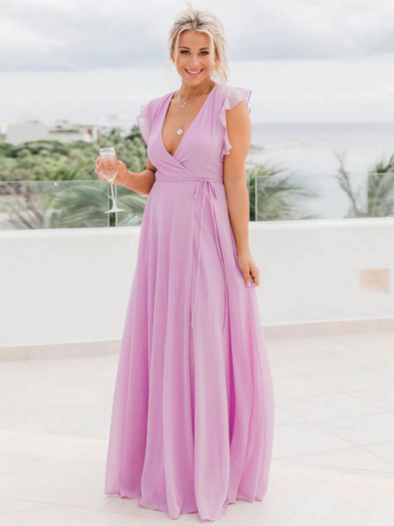 Vestido Maxi Feminino Com Decote Em V Mangas Esvoaçantes Vestidos Baile Elegantes Cordões - Roxo