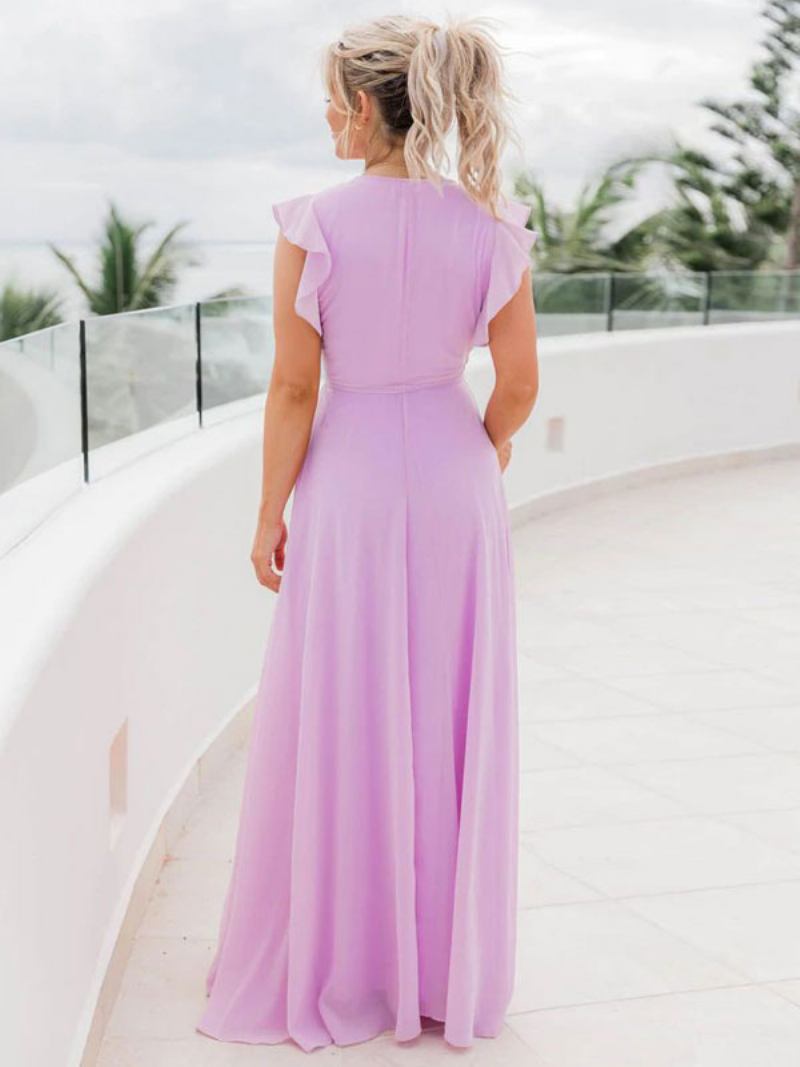 Vestido Maxi Feminino Com Decote Em V Mangas Esvoaçantes Vestidos Baile Elegantes Cordões - Roxo