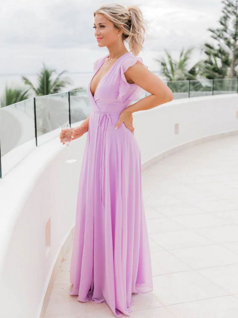 Vestido Maxi Feminino Com Decote Em V Mangas Esvoaçantes Vestidos Baile Elegantes Cordões - Roxo