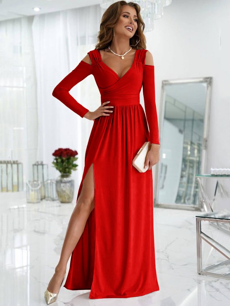 Vestido Maxi Feminino Com Decote Em V Ombro Frio Camadas Corte Sexy Baile - Vermelho