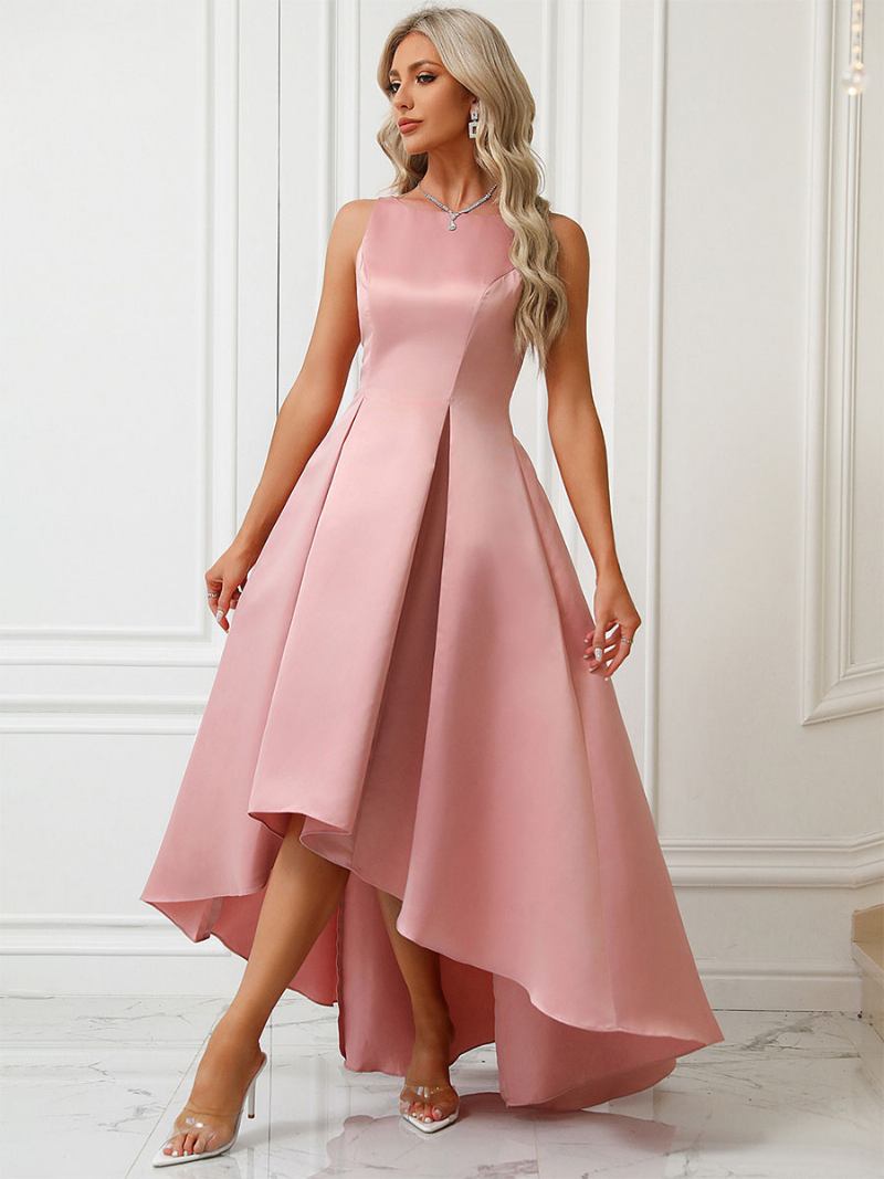 Vestido Maxi Feminino Rosa Sem Mangas Com Costas Em V Alto-baixo Ruching Vestidos Baile Festa - Rosa