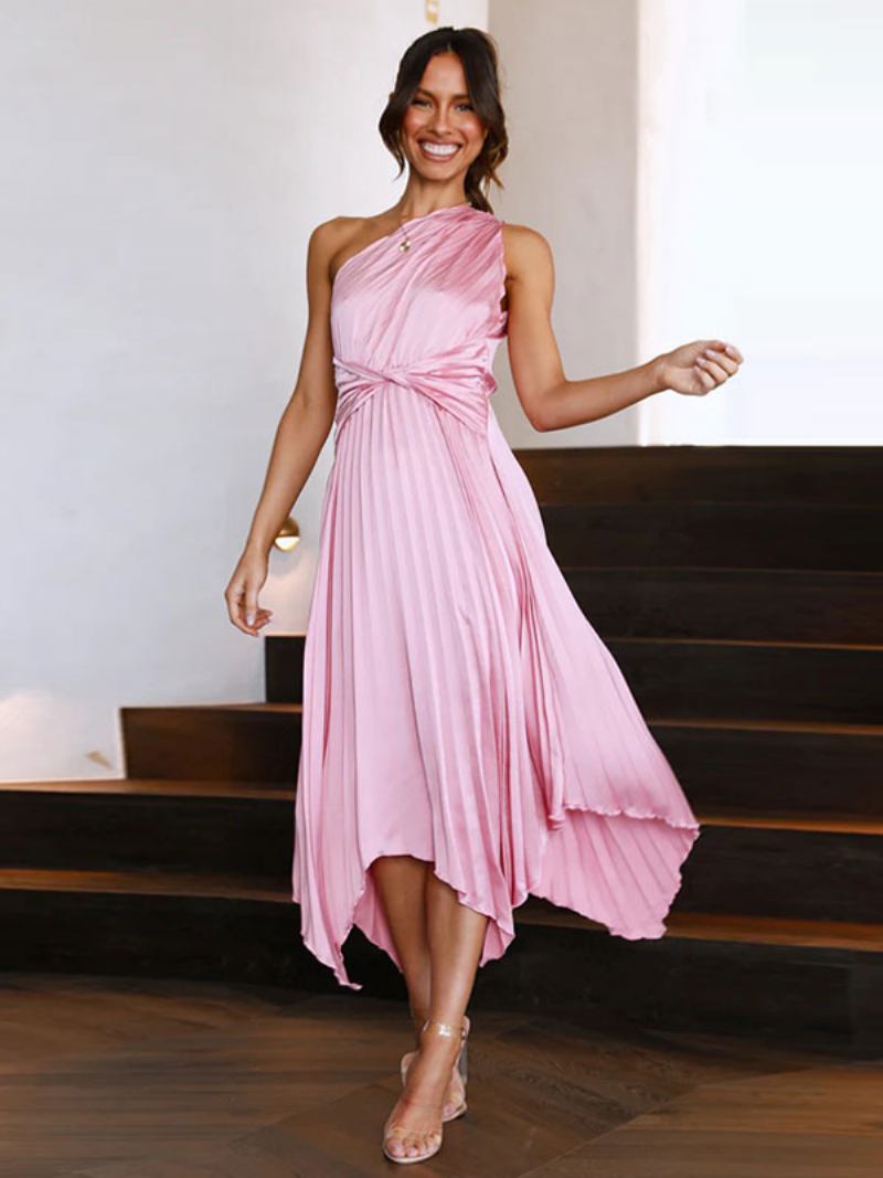 Vestido Maxi Feminino Um Ombro Sem Mangas Casual Até O Chão - Rosa