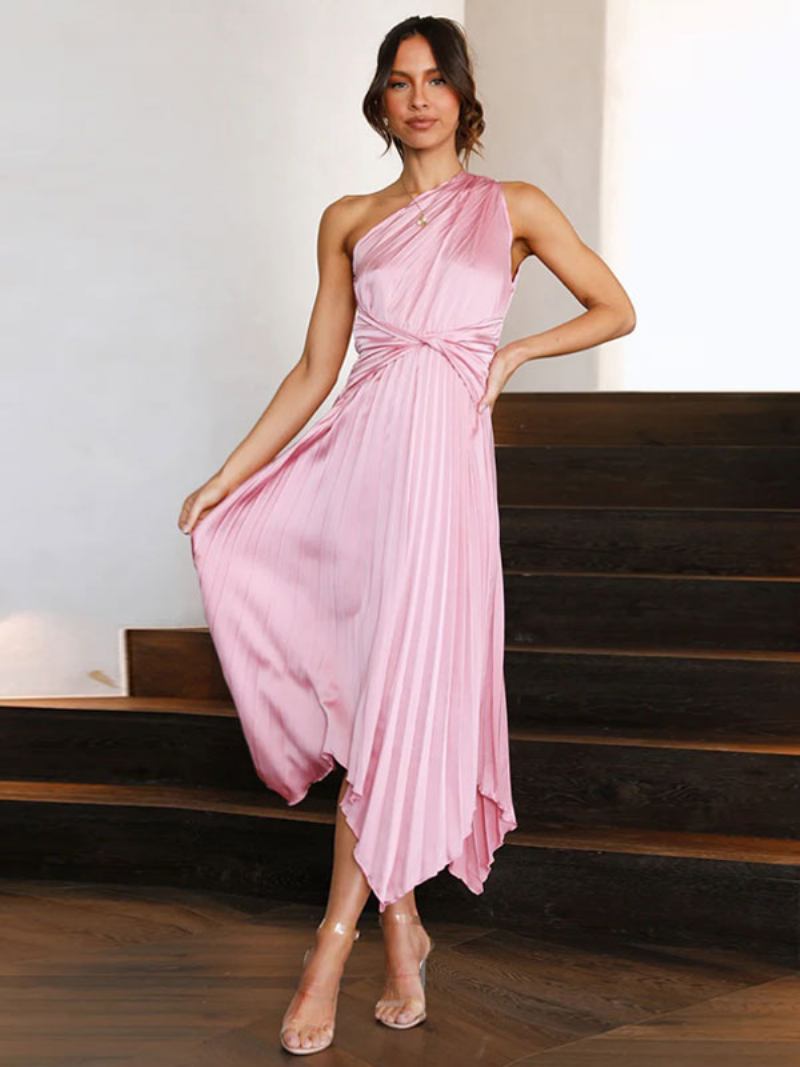 Vestido Maxi Feminino Um Ombro Sem Mangas Casual Até O Chão - Rosa