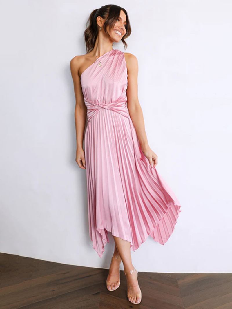 Vestido Maxi Feminino Um Ombro Sem Mangas Casual Até O Chão - Rosa