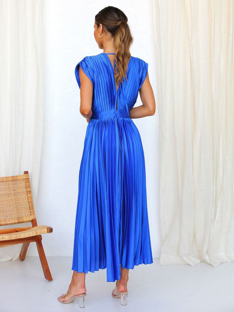 Vestido Midi Feminino Com Decote Em V Sem Mangas Casual Oversized Plissado Baile Festa - Azul