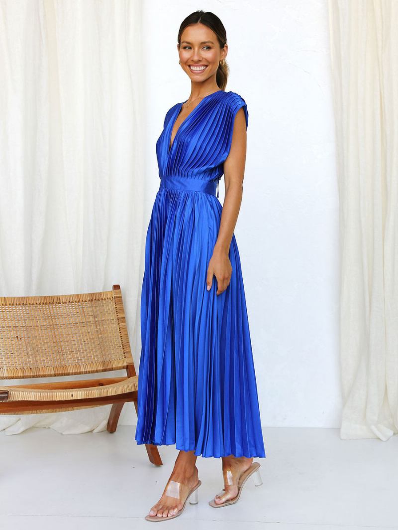 Vestido Midi Feminino Com Decote Em V Sem Mangas Casual Oversized Plissado Baile Festa - Azul