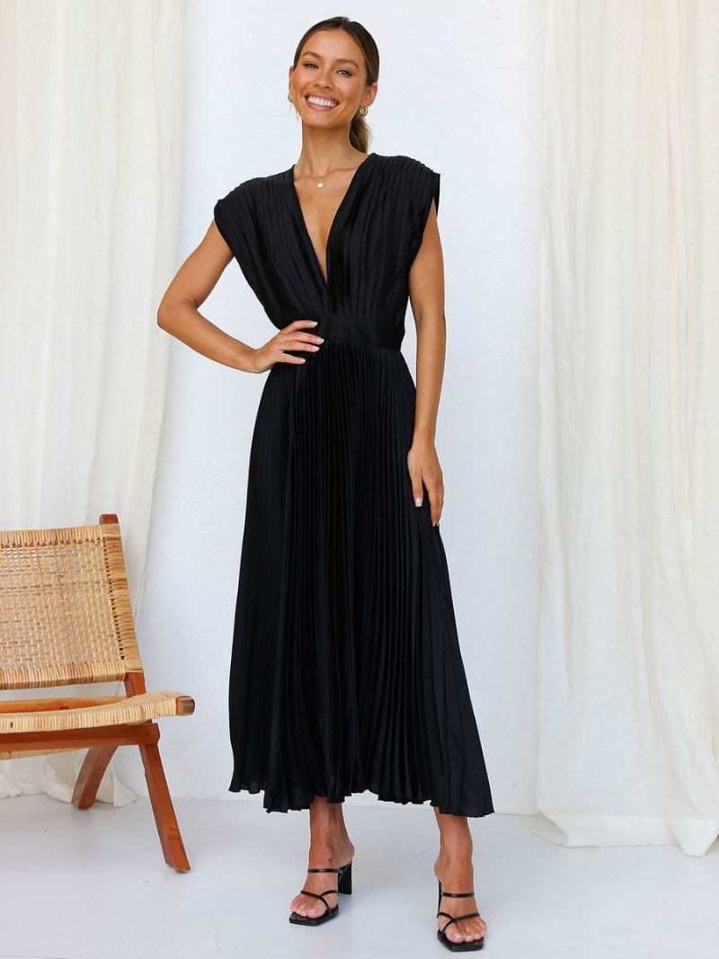 Vestido Midi Feminino Com Decote Em V Sem Mangas Casual Oversized Plissado Baile Festa - Preto