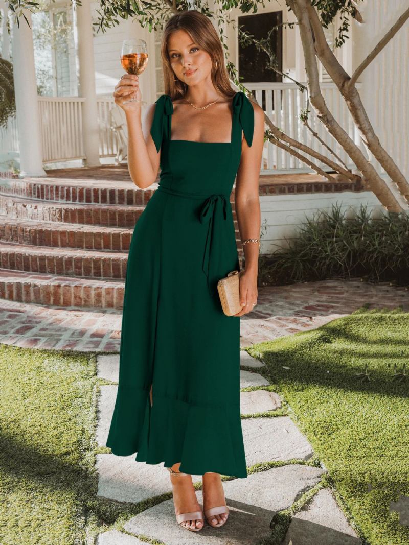 Vestido Midi Feminino Com Gola Quadrada E Fenda Cinto Para Dama Honra Festa Aniversário Vestidos Baile - Verde Escuro