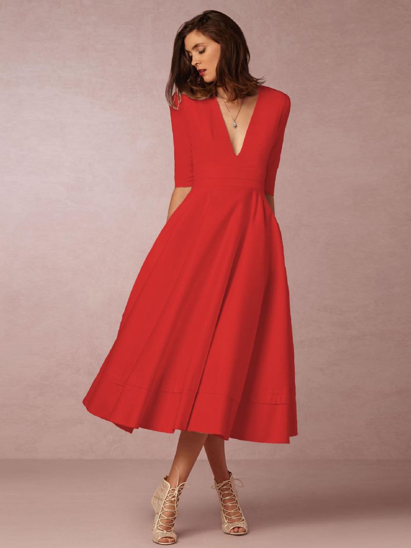 Vestido Midi Feminino Com Meia Manga E Bolsos Evasê Vestidos Baile - Vermelho