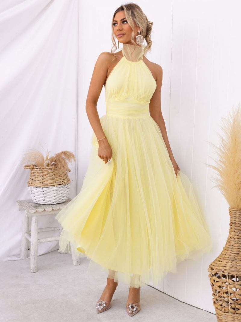 Vestido Midi Tule Feminino Halter Plissado Cintura Império Aberto Nas Costas Elegantes Vestidos Baile - Amarelo