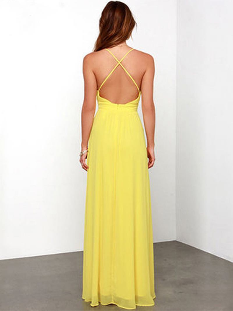 Vestido Sexy Feminino Com Decote Em V Sem Costas Alças Finas Vestidos Maxi Baile - Amarelo