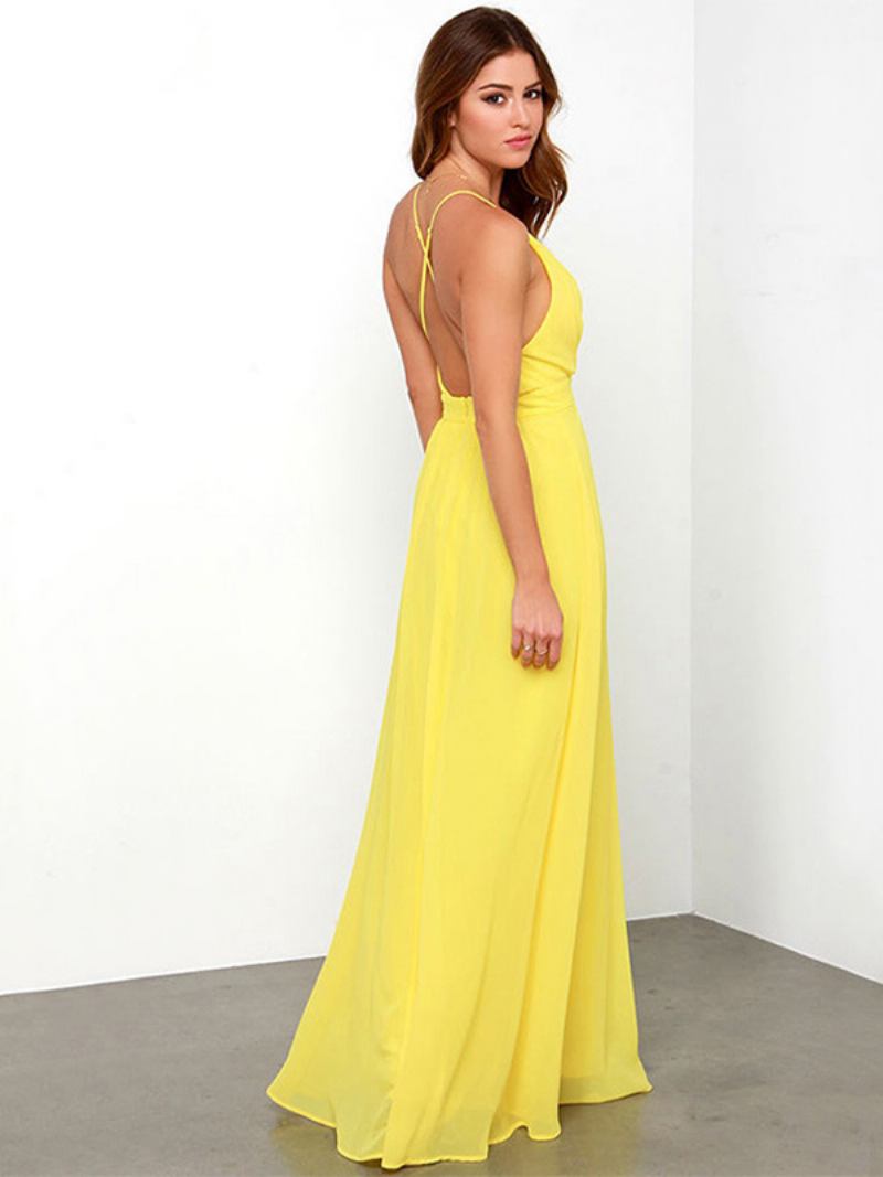 Vestido Sexy Feminino Com Decote Em V Sem Costas Alças Finas Vestidos Maxi Baile - Amarelo