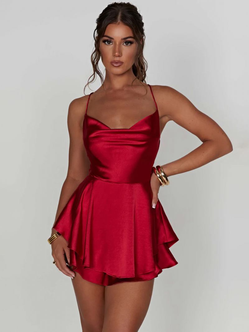 Vestido Slipdress Feminino Com Decote Quadrado Em Camadas Sem Costas Renda Sexy Minivestidos Festa - Vermelho