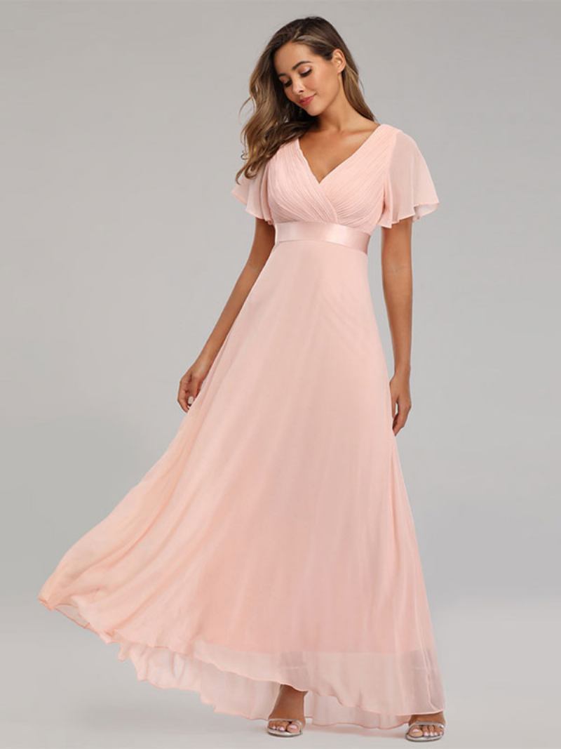 Vestidos Baile Femininos Chiffon Com Decote Em V Mangas Curtas Vestido Maxi Semiformal - Rosa