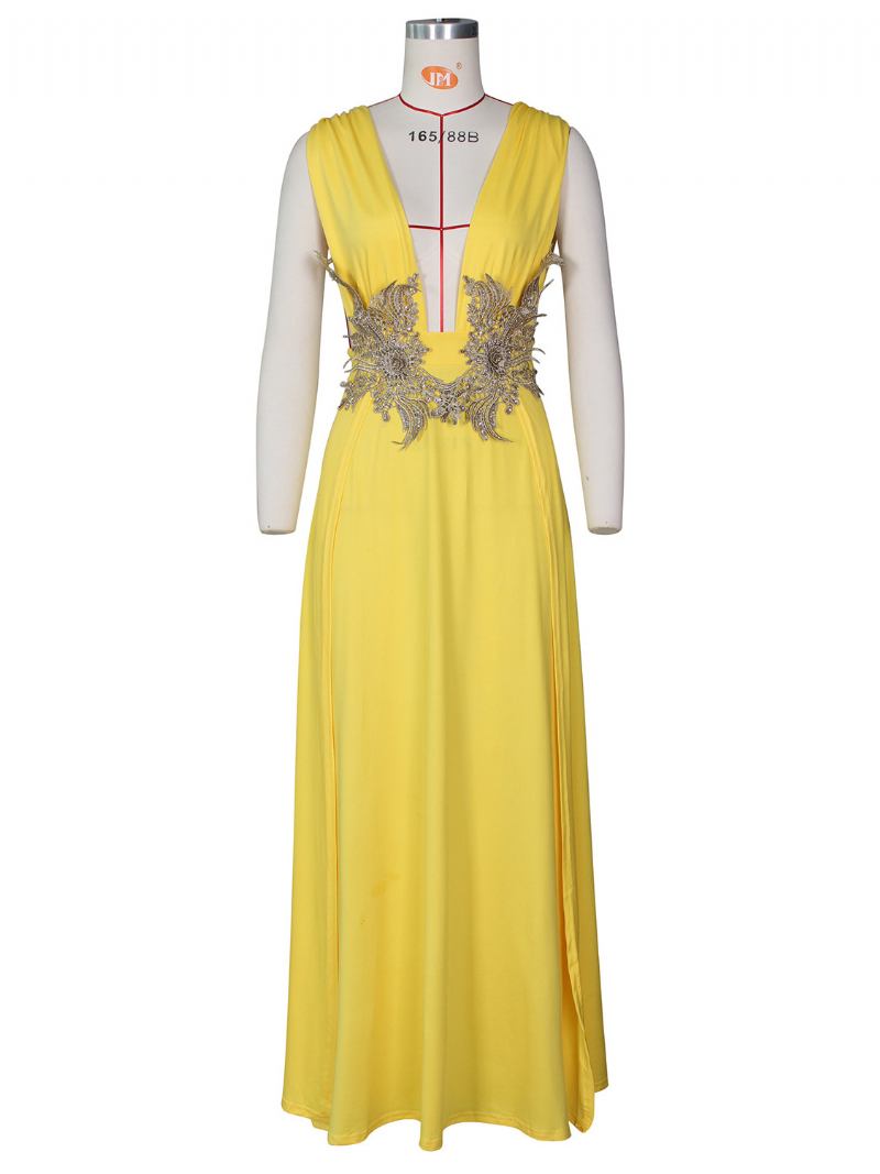 Vestidos Baile Femininos Com Decote Em V Bordado Fenda Alta Semi Formal Vestido Longo - Amarelo