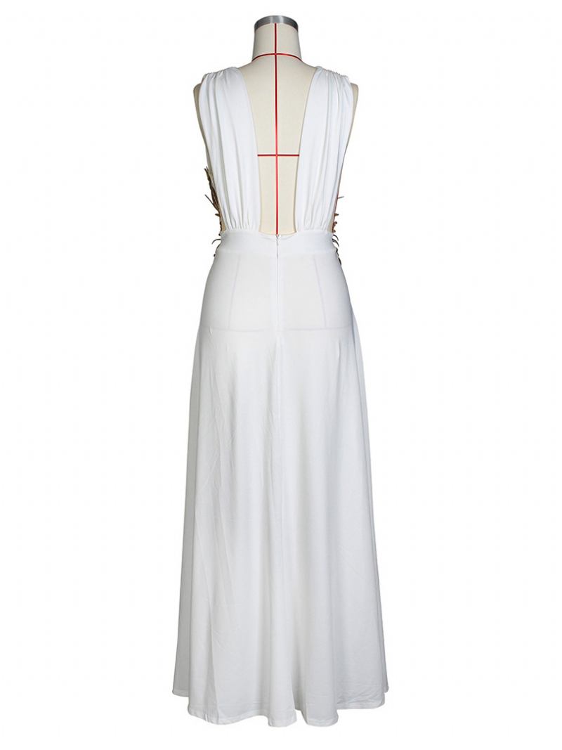 Vestidos Baile Femininos Com Decote Em V Bordado Fenda Alta Semi Formal Vestido Longo - Branco