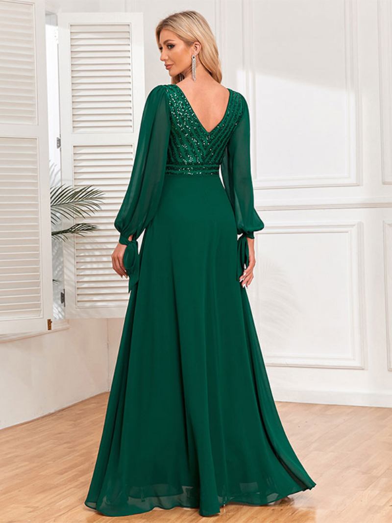 Vestidos Baile Femininos Com Decote Em V Mangas Compridas Corpete Lantejoulas Vestido Maxi Evasê - Verde