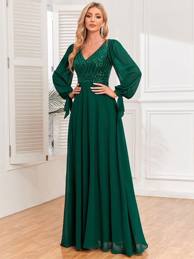 Vestidos Baile Femininos Com Decote Em V Mangas Compridas Corpete Lantejoulas Vestido Maxi Evasê - Verde