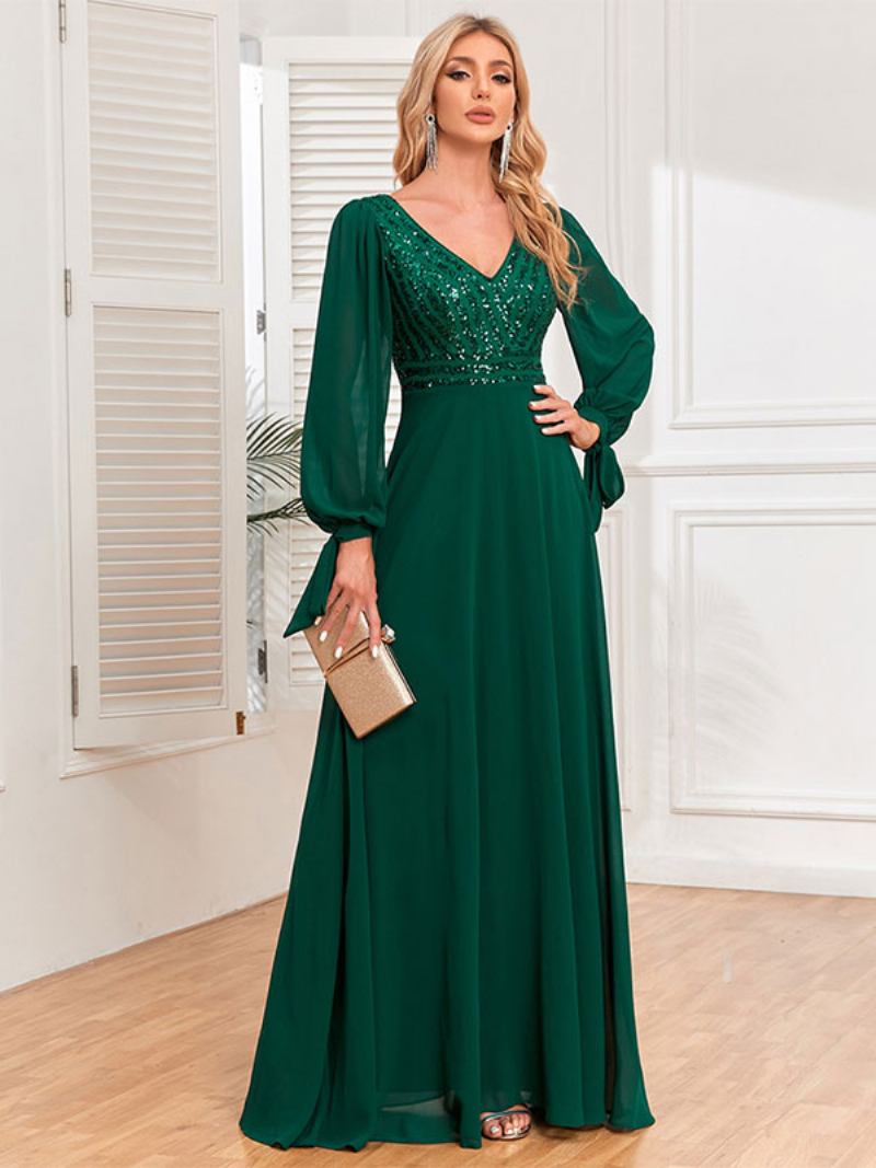 Vestidos Baile Femininos Com Decote Em V Mangas Compridas Corpete Lantejoulas Vestido Maxi Evasê - Verde