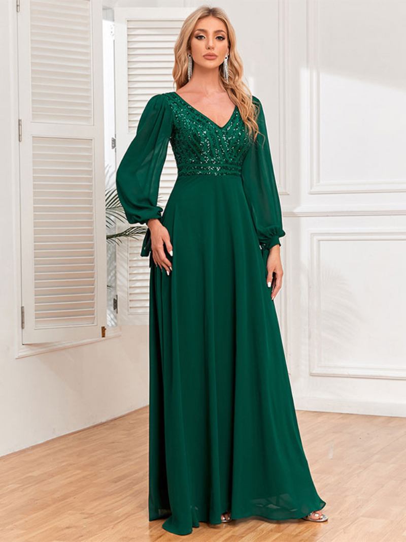 Vestidos Baile Femininos Com Decote Em V Mangas Compridas Corpete Lantejoulas Vestido Maxi Evasê - Verde