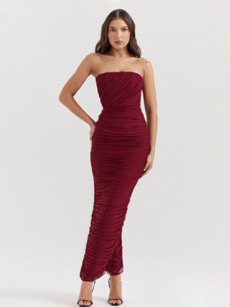 Vestidos Bodycon Femininos Borgonha Sem Alças Plissados Elegante Vestido Lápis Mangas