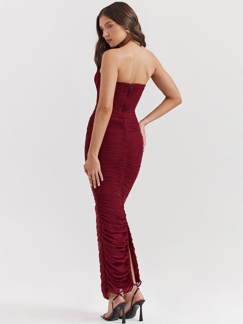 Vestidos Bodycon Femininos Borgonha Sem Alças Plissados Elegante Vestido Lápis Mangas - Borgonha